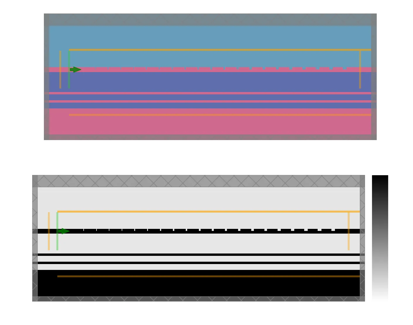 Two stacked cross-sections of the simulation domain: the structure layout with source and monitor regions above, and the corresponding relative-permittivity map below